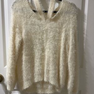 Express Cream Fuzzy V-Neck Sweater